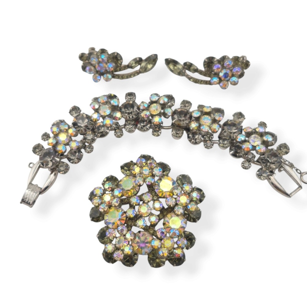 Vintage D&E Juliana Gray AB Stack Rhinestone Bracelet Earring Brooch Demi Parure